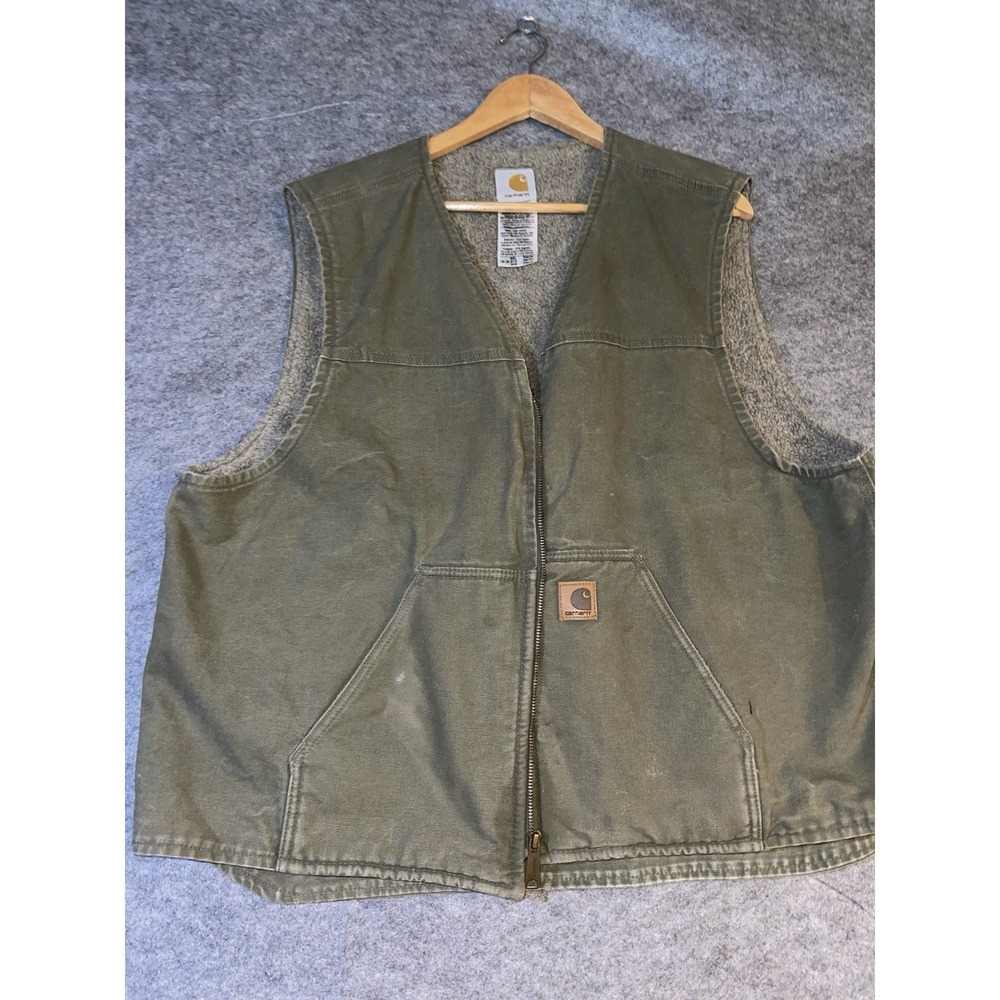 Carhartt Duck Canvas Work Vest 2XL Green Sherpa Lined Rugged Workwear Utility
